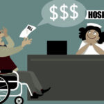 Illustration of guy in wheelchair holding expensive medical bill from smiling hospital worker