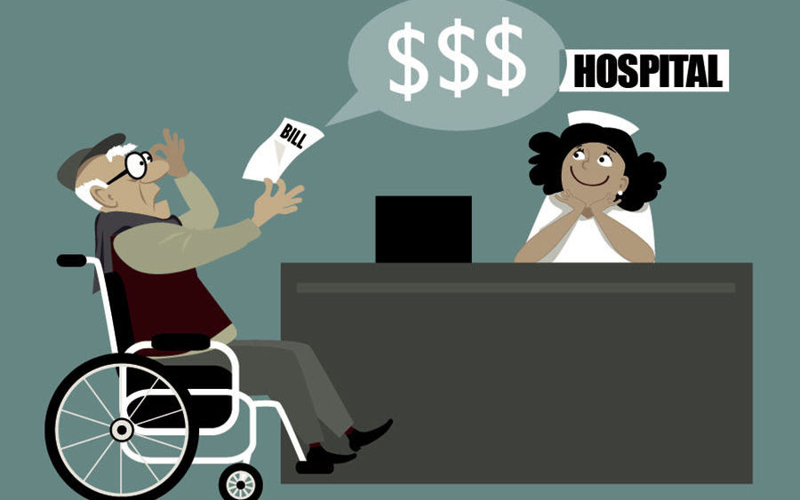 Illustration of guy in wheelchair holding expensive medical bill from smiling hospital worker