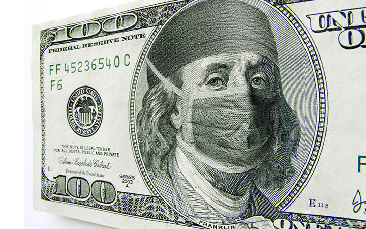Dollar Bill with medical mask over George Washington's Face